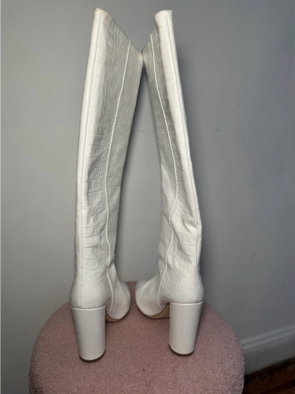 Paris Texas White Croc-Effect Over-the-Knee Block Heel Boots - Picture 6 of 10